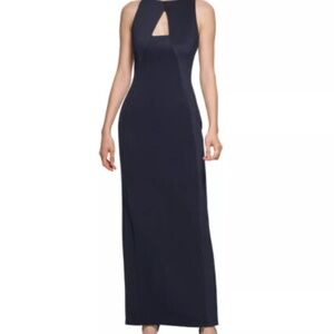 NWT CALVIN KLEIN Women's Solid Seamed Keyhole Gown 4 Navy Blue